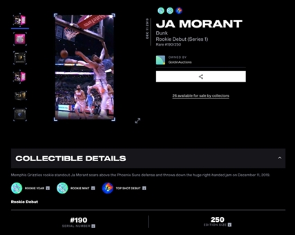 2019-20 NBA Top Shot "Rookie Debut" (Series 1) Ja Morant Dunk (#190/250)